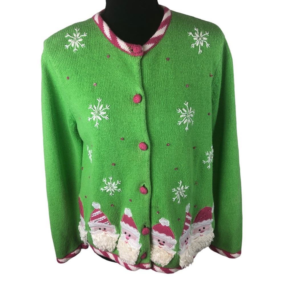 Tiara Internationa Sweater Women S Xmas Santa Cardigan Green Pink AKA Wicked VTG